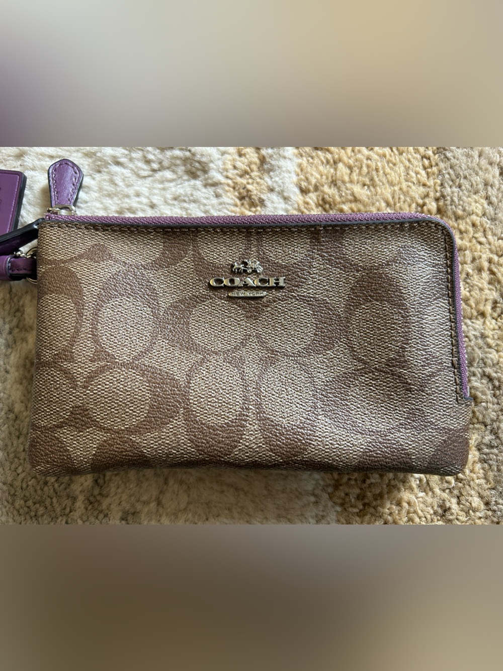 Coach Signature Logo Double Zip Wristlet Brown Purple EUC!